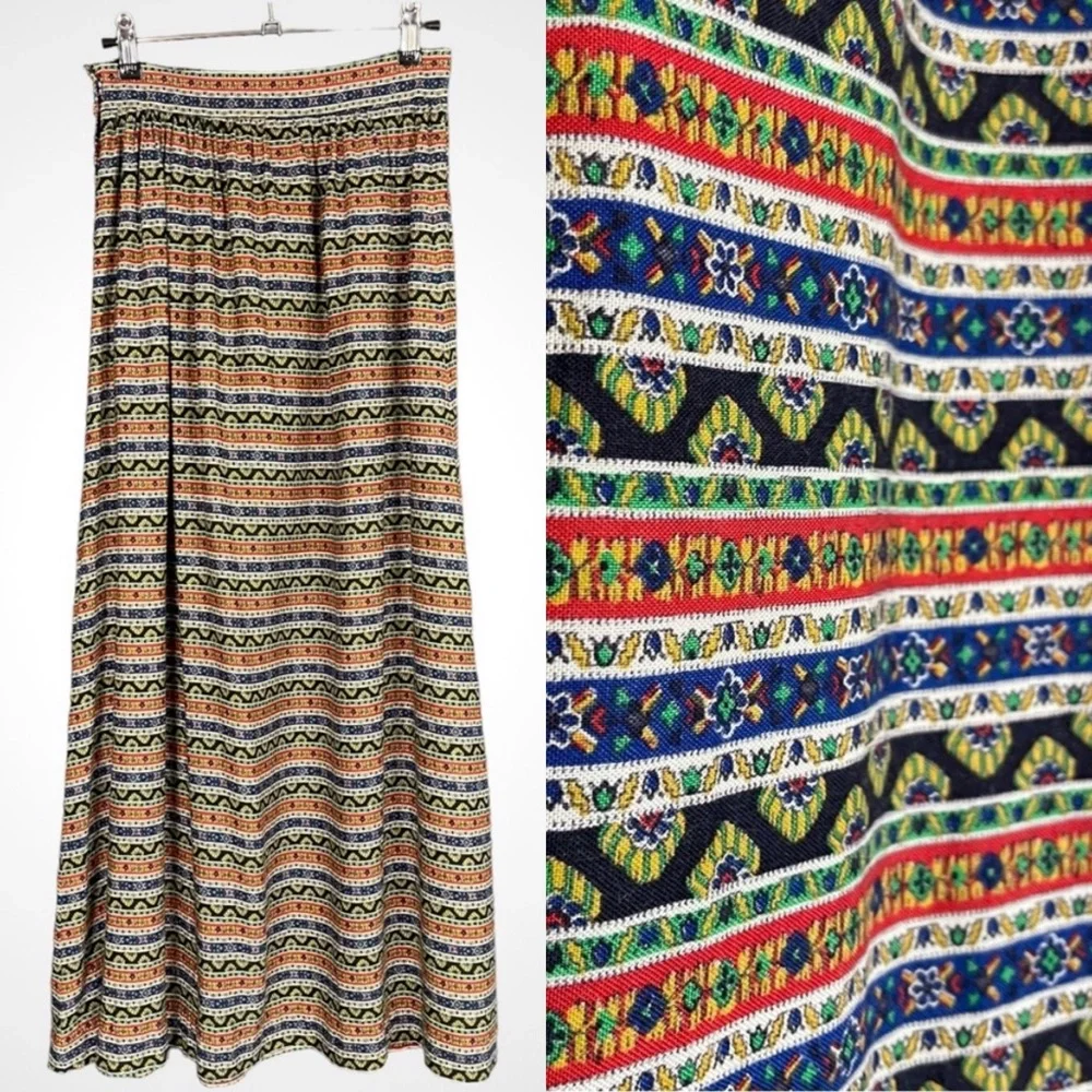 Vintage Maxi Skirt Striped Handmade Floral A-Line Prairie Modest Retro Unique